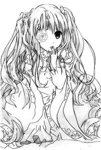 Rating: Safe Score: 0 Tags: 1girl dress flower frills greyscale image kirakishou long_hair long_sleeves looking_at_viewer monochrome rose simple_background solo traditional_media white_background User: admin