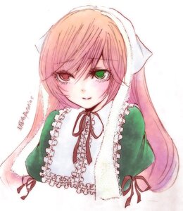 Rating: Safe Score: 0 Tags: 1girl black_ribbon blush closed_mouth dress frills green_dress green_eyes head_scarf image long_hair long_sleeves looking_at_viewer m_putorius pink_hair ribbon simple_background smile solo suiseiseki traditional_media upper_body white_background User: admin