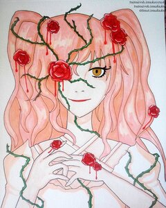 Rating: Safe Score: 0 Tags: 1girl blood flower image kirakishou long_hair pink_hair plant red_flower red_rose rose rose_petals smile solo thorns traditional_media vines User: admin