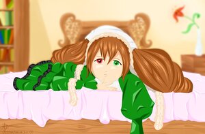 Rating: Safe Score: 0 Tags: 1girl bed blurry blurry_foreground brown_hair depth_of_field dress frills green_dress green_eyes heterochromia image long_hair long_sleeves looking_at_viewer lying red_eyes solo suiseiseki twintails very_long_hair User: admin