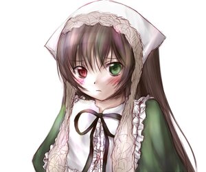 Rating: Safe Score: 0 Tags: 1girl bangs black_ribbon blush brown_hair dress frills green_eyes head_scarf heterochromia image long_hair long_sleeves looking_at_viewer red_eyes ribbon simple_background solo suiseiseki upper_body very_long_hair white_background User: admin