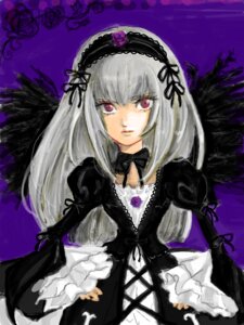 Rating: Safe Score: 0 Tags: 1girl black_wings cross-laced_clothes detached_collar dress feathers flower frills hairband image lolita_hairband long_hair long_sleeves looking_at_viewer pink_eyes puffy_sleeves purple_background ribbon silver_hair solo suigintou wings User: admin