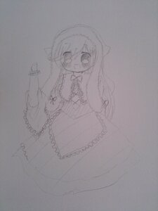 Rating: Safe Score: 0 Tags: 1girl :d blush dress hairband image long_hair long_sleeves looking_at_viewer monochrome open_mouth sketch smile solo suiseiseki traditional_media User: admin