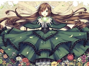 Rating: Safe Score: 0 Tags: 1girl brown_hair dress flower frills green_dress green_eyes heterochromia image long_hair long_sleeves petals red_eyes rose solo suiseiseki very_long_hair User: admin