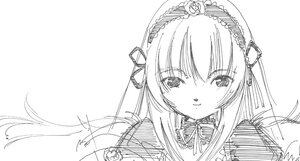 Rating: Safe Score: 0 Tags: 1girl blush dress eyebrows_visible_through_hair greyscale hairband image long_hair looking_at_viewer monochrome ribbon simple_background smile solo suigintou white_background User: admin