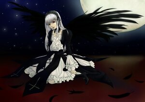 Rating: Safe Score: 0 Tags: 1girl black_wings doll_joints dress feathers flower frills full_moon hairband image joints long_hair long_sleeves moon night red_eyes silver_hair sky solo star_(sky) starry_sky suigintou wings User: admin