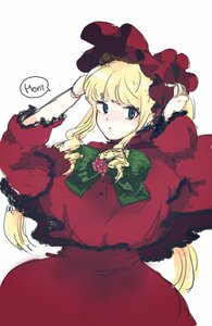 Rating: Safe Score: 0 Tags: 1girl blonde_hair blue_eyes blush bonnet bow dress flower image long_hair long_sleeves red_dress rose shinku solo white_background User: admin