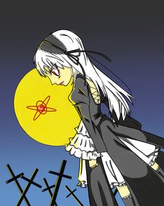 Rating: Safe Score: 0 Tags: 1girl dress frilled_sleeves frills hairband image long_hair long_sleeves moon night solo suigintou very_long_hair wings User: admin