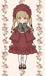 Rating: Safe Score: 0 Tags: 1girl blonde_hair blue_eyes bonnet bow bowtie capelet dress flower full_body green_bow image long_hair long_sleeves looking_at_viewer pantyhose pink_flower pink_rose red_flower red_rose rose shinku shoes solo striped twintails white_legwear User: admin