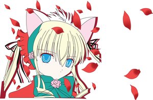 Rating: Safe Score: 0 Tags: 1girl blonde_hair blue_eyes flower hair_ribbon image long_hair looking_at_viewer petals red_flower red_rose ribbon rose rose_petals shinku solo striped twintails white_background User: admin