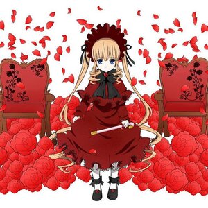 Rating: Safe Score: 0 Tags: 1girl blonde_hair blue_eyes bonnet bow bowtie capelet dress flower image long_hair petals pink_rose red_dress red_flower red_rose rose rose_petals shinku shoes sitting solo twintails User: admin