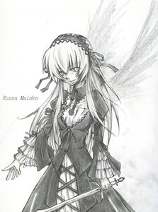 Rating: Safe Score: 0 Tags: 1girl dress frills greyscale hairband image long_hair long_sleeves monochrome solo standing suigintou very_long_hair wings User: admin