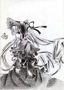 Rating: Safe Score: 0 Tags: 1girl bonnet capelet dress greyscale hat image long_hair long_sleeves looking_at_viewer looking_back monochrome ribbon shinku solo suigintou traditional_media twintails very_long_hair User: admin