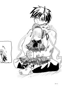 Rating: Safe Score: 0 Tags: 1boy 1girl blush dress frills glasses greyscale image long_hair long_sleeves monochrome shinku sitting sleeping solo very_long_hair User: admin