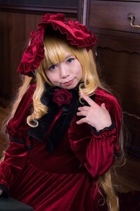 Rating: Safe Score: 0 Tags: 1girl bangs blonde_hair blue_eyes bonnet bow dress flower lips long_hair long_sleeves looking_at_viewer red_dress red_flower red_rose rose shinku solo User: admin