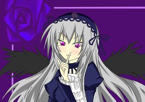 Rating: Safe Score: 0 Tags: 1girl black_wings blush dress finger_to_mouth flower frills hairband image long_hair long_sleeves looking_at_viewer purple_background rose silver_hair smile solo suigintou upper_body wings User: admin