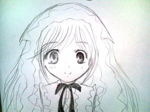 Rating: Safe Score: 0 Tags: 1girl auto_tagged bangs blush closed_mouth dress eyebrows_visible_through_hair frills image long_hair looking_at_viewer monochrome neck_ribbon ribbon simple_background smile solo suiseiseki traditional_media upper_body veil User: admin