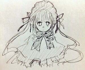 Rating: Safe Score: 0 Tags: 1girl bonnet dress frills image long_hair long_sleeves looking_at_viewer monochrome shinku simple_background sketch solo traditional_media twintails very_long_hair white_background User: admin