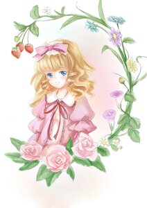 Rating: Safe Score: 0 Tags: 1girl blonde_hair blue_eyes bow dress flower food fruit hina_ichigo hinaichigo image juliet_sleeves pink_bow pink_flower pink_rose plant puffy_sleeves ribbon rose smile solo striped striped_background vertical_stripes vines User: admin