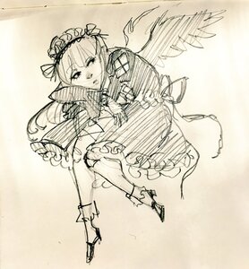 Rating: Safe Score: 0 Tags: 1girl dress feathered_wings frills full_body hairband image long_sleeves monochrome sketch solo suigintou wings User: admin