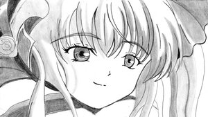 Rating: Safe Score: 0 Tags: 1girl blush close-up closed_mouth eyebrows_visible_through_hair face flower greyscale hat image long_hair looking_at_viewer monochrome ribbon rose shinku simple_background smile solo traditional_media white_background User: admin