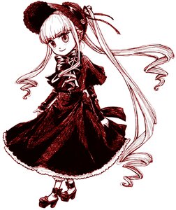 Rating: Safe Score: 0 Tags: 1girl bonnet bow capelet dress drill_hair full_body image long_hair long_sleeves looking_at_viewer monochrome ringlets shinku simple_background smile solo twin_drills white_background User: admin