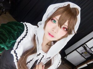 Rating: Safe Score: 0 Tags: 1girl bangs brown_hair closed_mouth dress green_dress green_eyes hair_between_eyes heterochromia hood lips long_hair looking_at_viewer photo red_eyes smile solo suiseiseki traditional_media User: admin