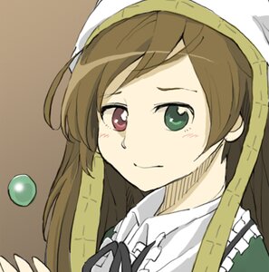 Rating: Safe Score: 0 Tags: 1girl apron brown_hair face frills green_eyes head_scarf image long_hair looking_at_viewer smile solo suiseiseki User: admin