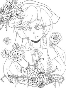 Rating: Safe Score: 0 Tags: 1girl bouquet flower greyscale hat image lineart long_hair looking_at_viewer monochrome ribbon rose solo striped suiseiseki upper_body User: admin