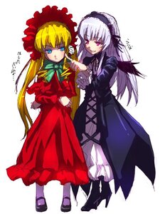 Rating: Safe Score: 0 Tags: 2girls blonde_hair blue_eyes bonnet dress frills full_body image long_hair long_sleeves multiple_girls pair red_dress shinku shoes simple_background standing suigintou twintails white_background wings User: admin