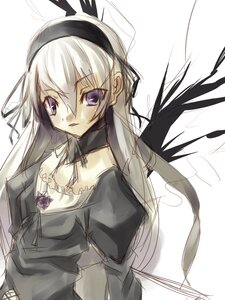 Rating: Safe Score: 0 Tags: 1girl black_wings dress flower frills hairband image long_hair long_sleeves looking_at_viewer puffy_sleeves purple_eyes simple_background solo suigintou upper_body white_background wings User: admin