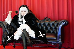 Rating: Safe Score: 0 Tags: 1girl boots chair couch dress flower gothic_lolita hairband lolita_fashion long_hair red_eyes rose sitting solo suigintou white_hair User: admin