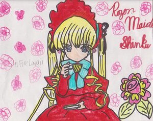 Rating: Safe Score: 0 Tags: 1girl blonde_hair blue_eyes bonnet bow bowtie cup dress flower image long_hair long_sleeves looking_at_viewer marker_(medium) photo pink_flower pink_rose red_dress rose shinku sitting solo teacup traditional_media twintails User: admin