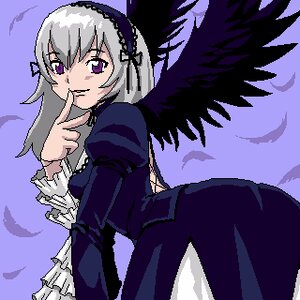 Rating: Safe Score: 0 Tags: 1girl artist_request bangs black_wings dress finger_to_mouth frills hairband image long_hair long_sleeves looking_at_viewer lowres oekaki puffy_sleeves purple_eyes rozen_maiden silver_hair solo suigintou wings User: admin
