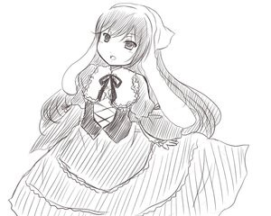 Rating: Safe Score: 0 Tags: 1girl blush dress eyebrows_visible_through_hair greyscale image long_hair long_sleeves looking_at_viewer monochrome open_mouth ribbon solo striped suiseiseki vertical_stripes very_long_hair User: admin