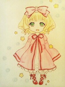 Rating: Safe Score: 0 Tags: 1girl blonde_hair bow dress drill_hair full_body green_eyes hair_bow hina_ichigo hinaichigo image long_sleeves open_mouth pink_bow ribbon smile solo standing star_(symbol) star_hair_ornament star_print starfish starry_background traditional_media User: admin
