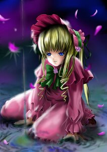 Rating: Safe Score: 0 Tags: 1girl blonde_hair blue_eyes bow bowtie capelet dress flower green_bow green_neckwear image long_hair long_sleeves looking_at_viewer petals red_dress rose shinku solo twintails water User: admin