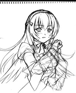 Rating: Safe Score: 0 Tags: 1girl blush greyscale hairband image lolita_hairband long_hair long_sleeves looking_at_viewer monochrome sketch solo suigintou upper_body User: admin