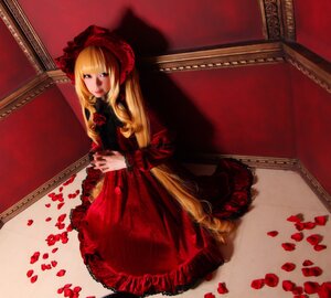 Rating: Safe Score: 0 Tags: 1girl blonde_hair blue_eyes bonnet dress flower long_hair long_sleeves looking_at_viewer petals red_dress red_flower red_rose rose rose_petals shinku sitting solo twintails User: admin