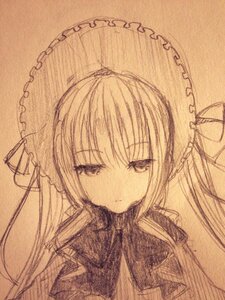Rating: Safe Score: 0 Tags: 1girl bangs bonnet closed_mouth dress eyebrows_visible_through_hair frills image long_hair looking_at_viewer monochrome parasol pout shinku simple_background solo traditional_media twintails umbrella upper_body User: admin
