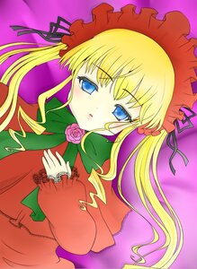 Rating: Safe Score: 0 Tags: 1girl blonde_hair blue_eyes blush bonnet bow bowtie dress flower green_bow green_neckwear image long_hair long_sleeves looking_at_viewer pink_rose rose shinku sidelocks simple_background solo twintails User: admin