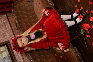 Rating: Safe Score: 0 Tags: 1girl blonde_hair blue_eyes bonnet dress flower lolita_fashion long_hair petals pink_flower pink_rose red_dress red_flower red_rose rose rose_petals shinku sitting solo User: admin