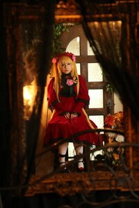 Rating: Safe Score: 0 Tags: 1girl blonde_hair blue_eyes blurry book depth_of_field dress flower long_hair mary_janes red_dress rose shinku sitting solo User: admin