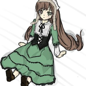 Rating: Safe Score: 0 Tags: 1girl brown_footwear brown_hair dress drill_hair frills full_body green_dress green_eyes head_scarf heterochromia image long_hair long_sleeves looking_at_viewer ribbon shoes sitting solo suiseiseki twin_drills very_long_hair white_background User: admin