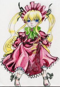 Rating: Safe Score: 0 Tags: 1girl blonde_hair blue_eyes bonnet bow bowtie dress full_body green_bow image long_hair long_sleeves looking_at_viewer marker_(medium) red_dress shinku simple_background solo traditional_media twintails User: admin