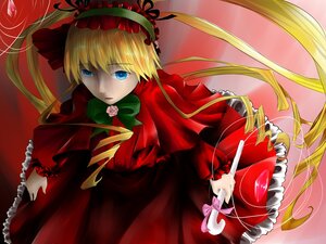 Rating: Safe Score: 0 Tags: 1girl blonde_hair blue_eyes bow bowtie capelet dress flower frills green_bow holding holding_weapon image long_hair long_sleeves looking_at_viewer red_dress rose shinku solo twintails User: admin