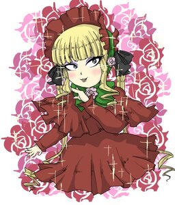 Rating: Safe Score: 0 Tags: 1girl blonde_hair blue_eyes blush bonnet bow dress drill_hair flower image long_hair long_sleeves looking_at_viewer red_dress rose shinku solo User: admin