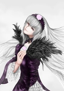 Rating: Safe Score: 0 Tags: 1girl black_wings dress flower frilled_sleeves frills hairband image long_hair long_sleeves looking_at_viewer red_eyes rose silver_hair solo suigintou white_background User: admin