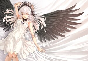 Rating: Safe Score: 0 Tags: 1girl angel_wings black_wings commentary_request doll_joints dress feathered_wings feathers frills hairband headdress image joints long_hair lying on_back red_eyes rozen_maiden shiokonbu silver_hair solo suigintou very_long_hair wings User: admin