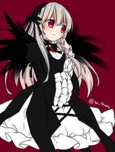Rating: Safe Score: 0 Tags: 1girl black_dress black_wings blush braid closed_mouth dress eyebrows_visible_through_hair frills gothic_lolita hairband image juliet_sleeves lolita_fashion long_hair long_sleeves looking_at_viewer puffy_sleeves red_background red_eyes ribbon simple_background solo suigintou twitter_username wings User: admin